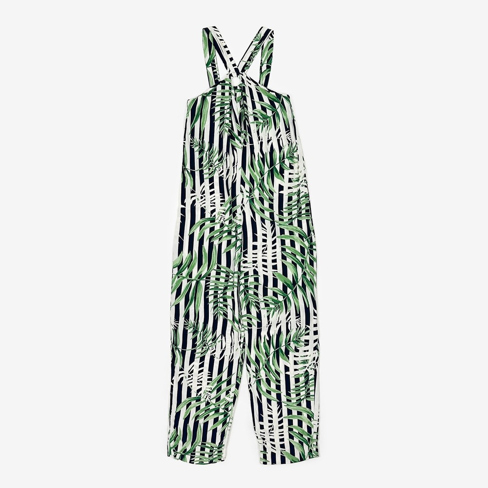 Zara Trafaluc Striped Leaf Print Jumpsuit Size S Tropical Resort Vacation Summer